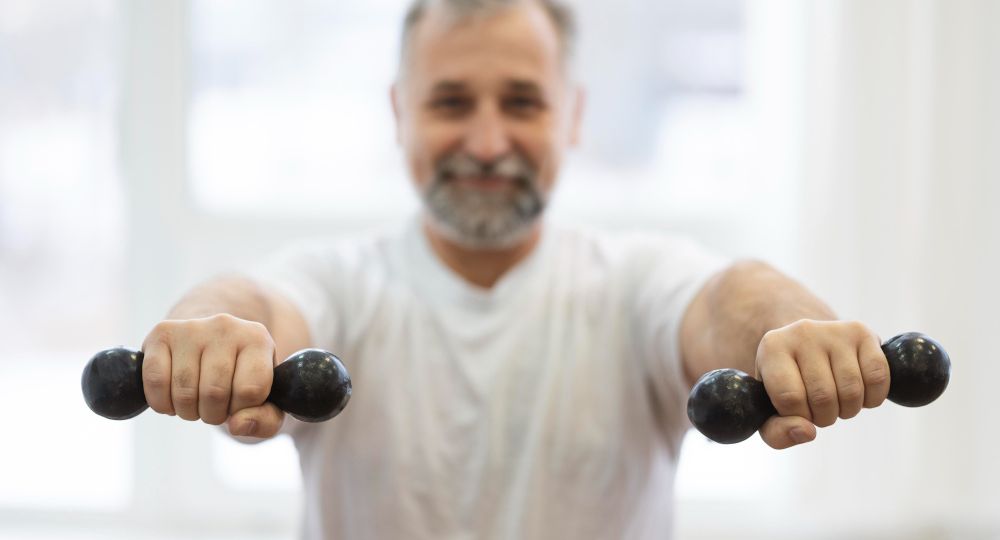 senior training with dumbells